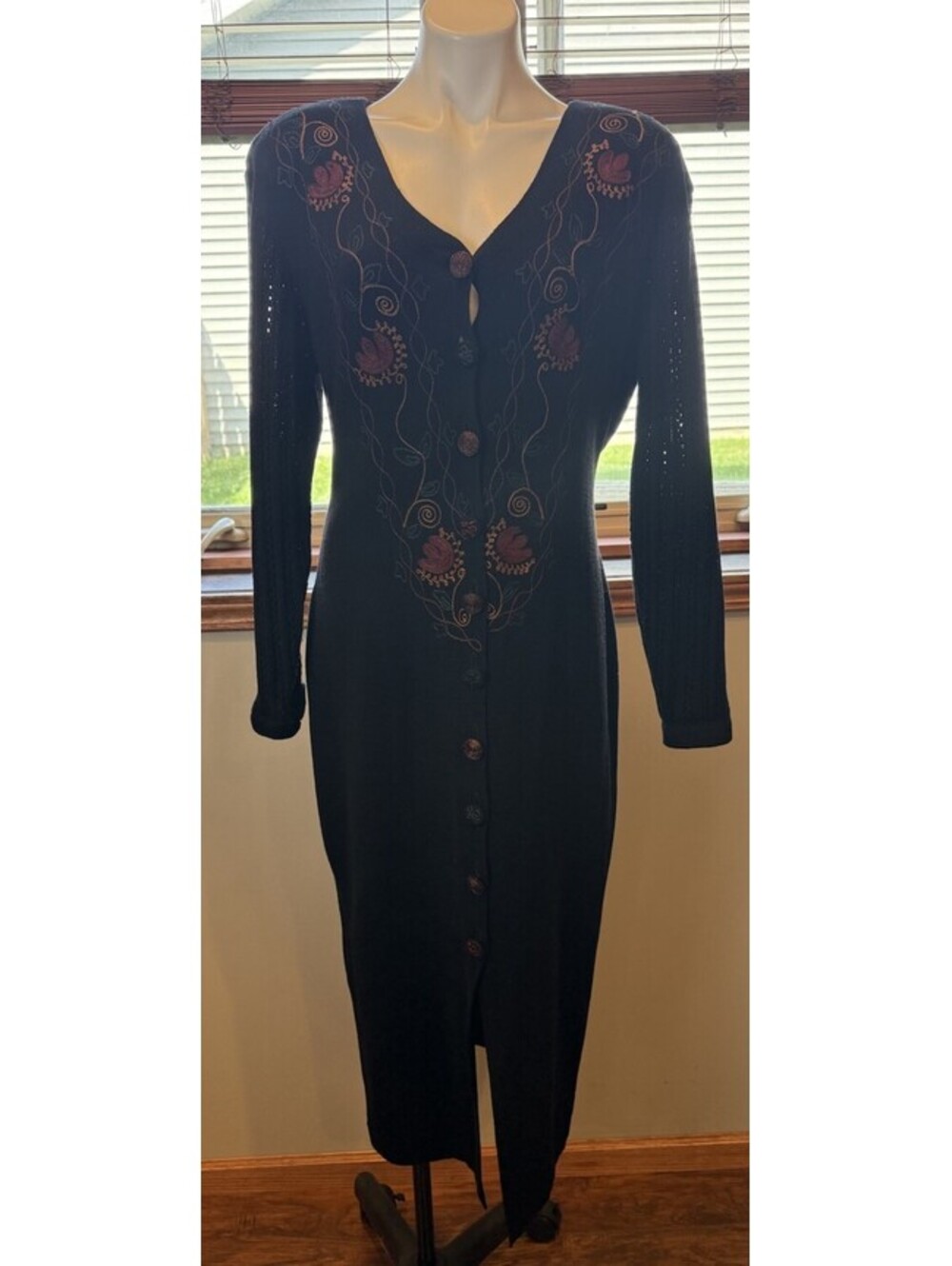 Carole Little Sweater Dress Floral Embroidered Cable Knit Vintage Midi Size L